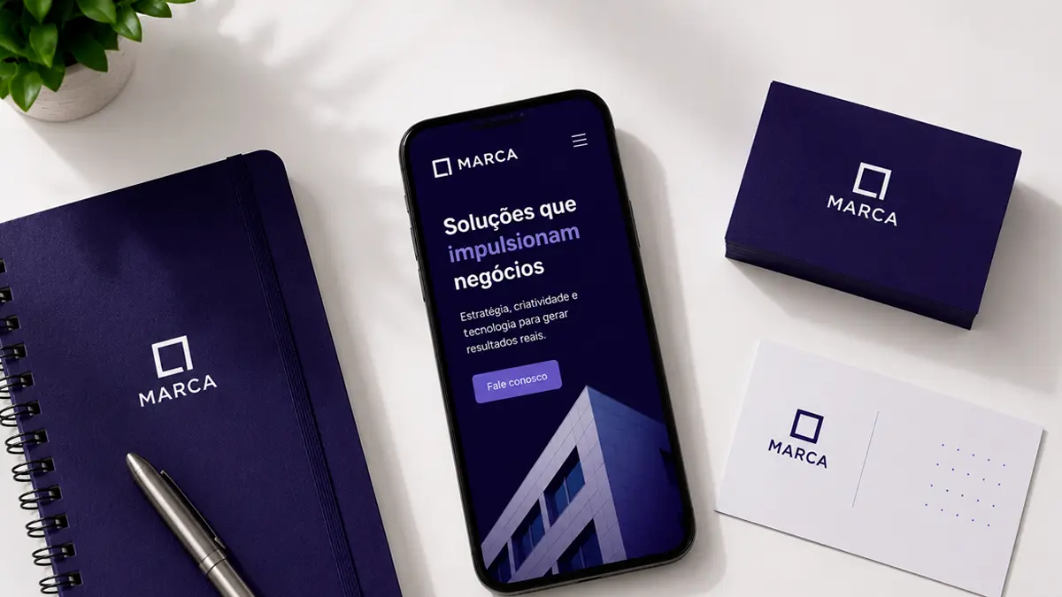 Exemplo de uma identidade visual profissional aplicada de forma consistente em um caderno azul escuro, tela de smartphone e cartões de visita corporativos sobre uma mesa.